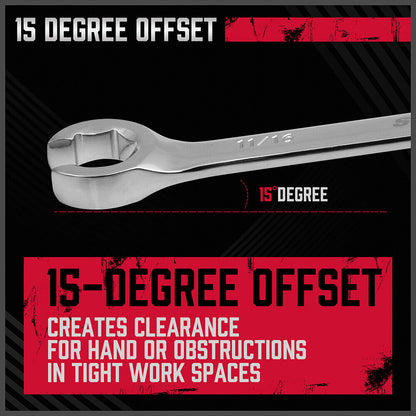 Wrench with 15-degree offset feature on a black and red background