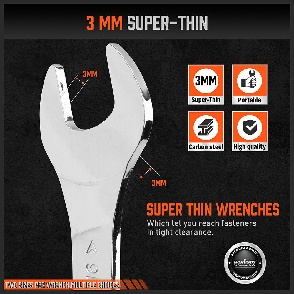 HORUSDY 超薄 18 件套開口扳手套裝 3 毫米 CRV 公制和 SAE 帶袋