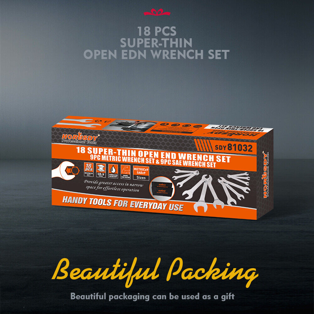 HORUSDY 超薄 18 件套開口扳手套裝 3 毫米 CRV 公制和 SAE 帶袋