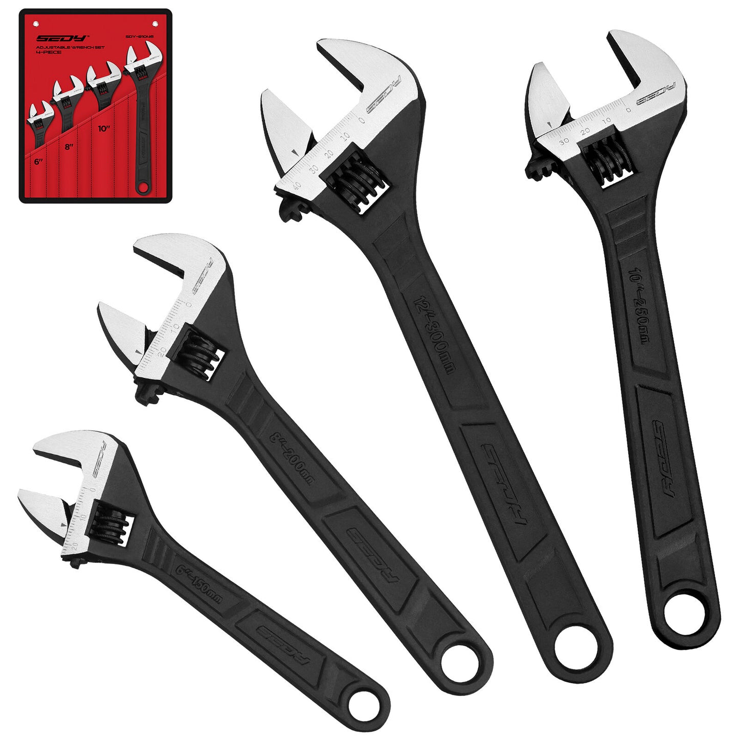 Set of adjustable wrenches with a red tool case on a white background