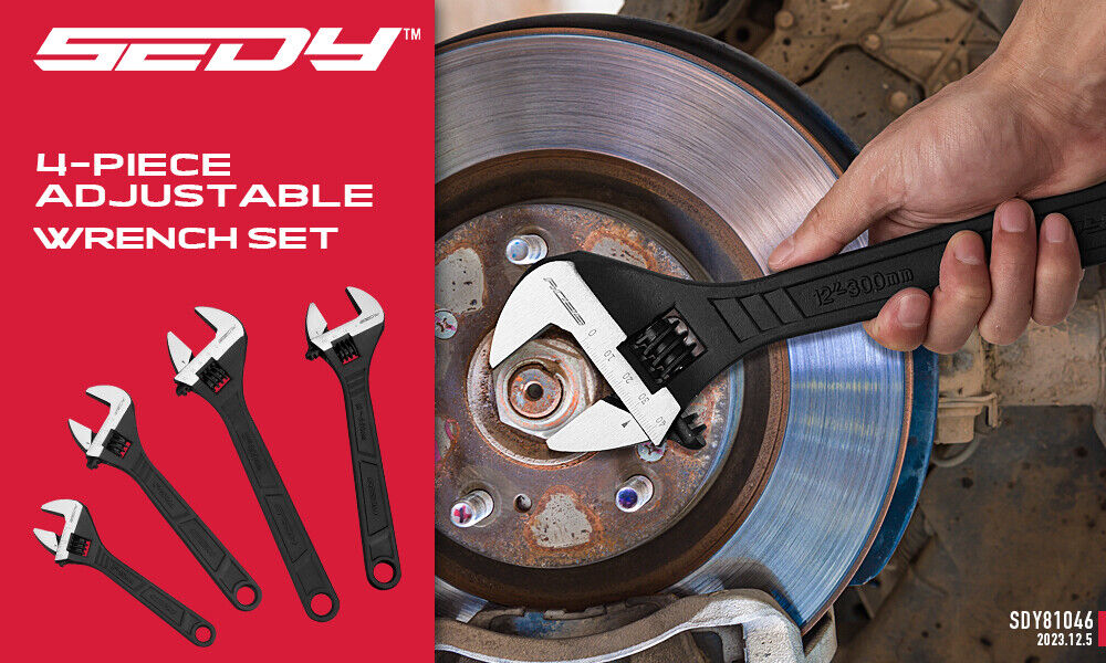 SEDY adjustable wrench set with a hand holding a wrench on a brake rotor background
