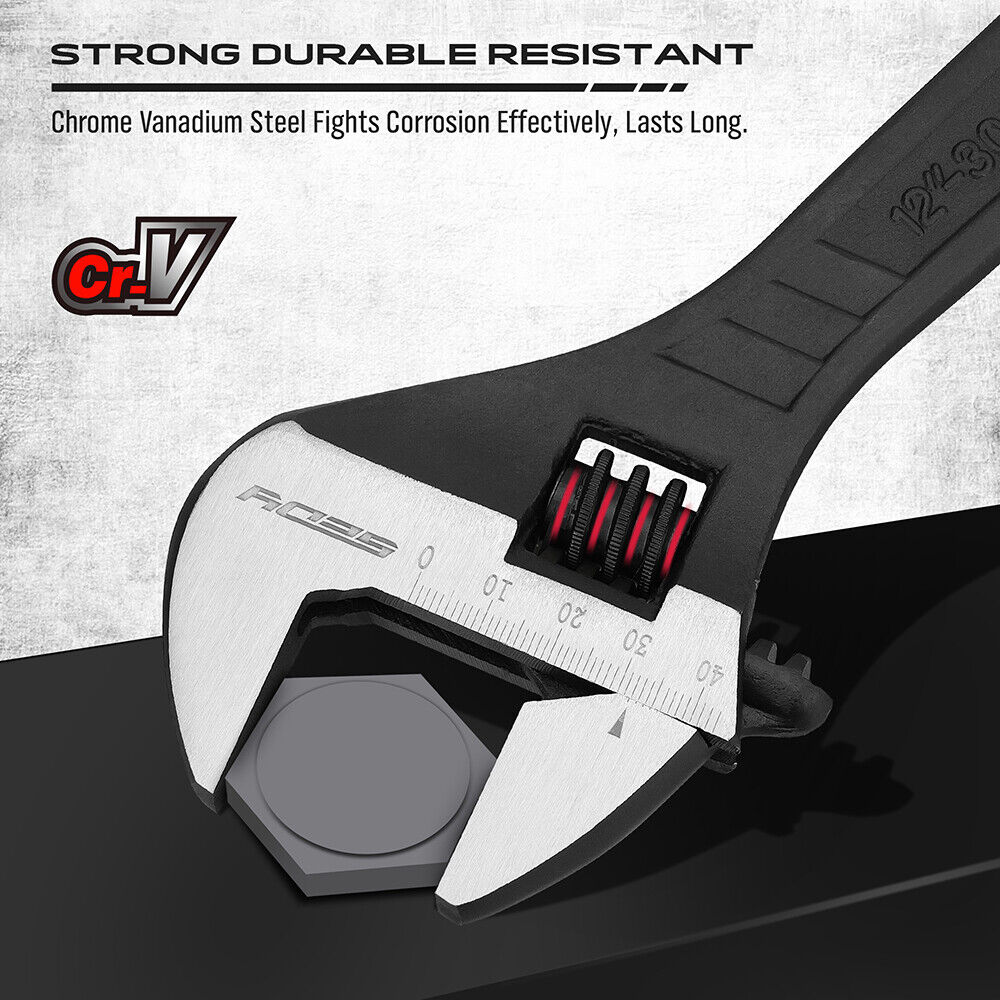 Adjustable wrench with measurement scale on a gray background, featuring the brand 'BOSS'.