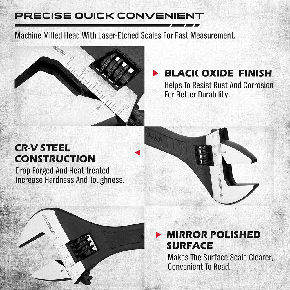 Wrenches with text highlighting features like black oxide finish, mirror polished surface, and CR-V steel construction on a gray background.