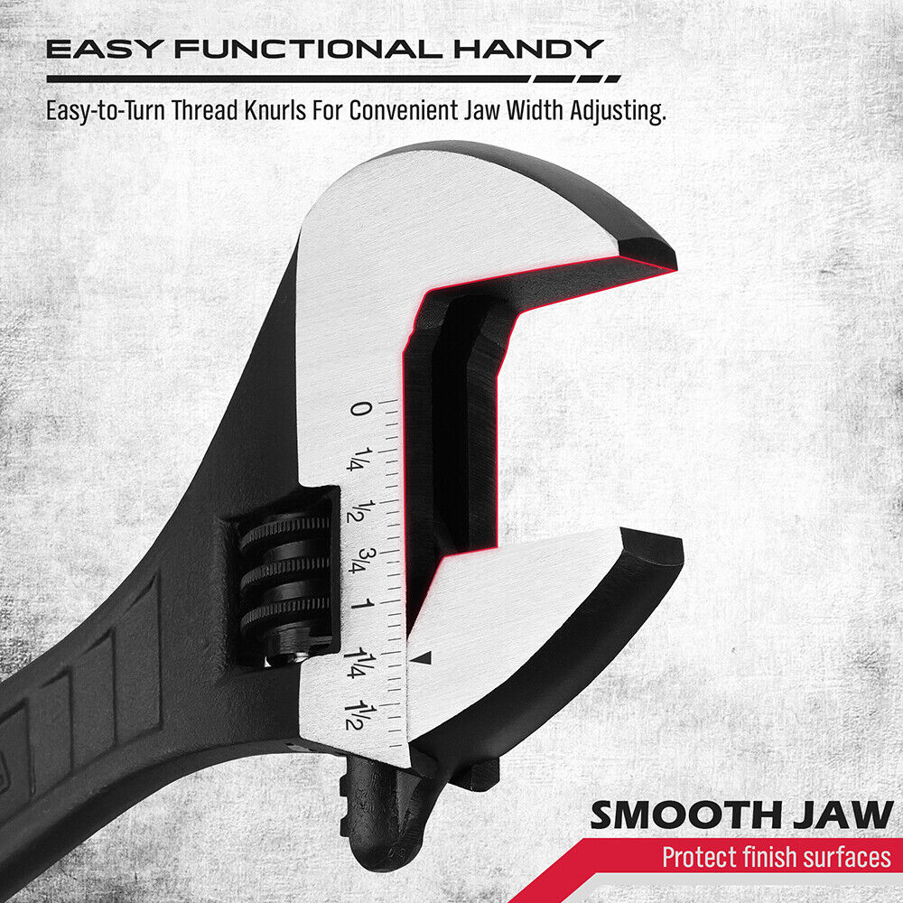 Adjustable wrench with smooth jaw feature on a textured gray background