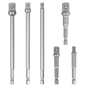 A set of six silver-colored chrome vanadium steel drill socket adapters of varying sizes, displayed vertically and arranged in two groups with similar sizes together.