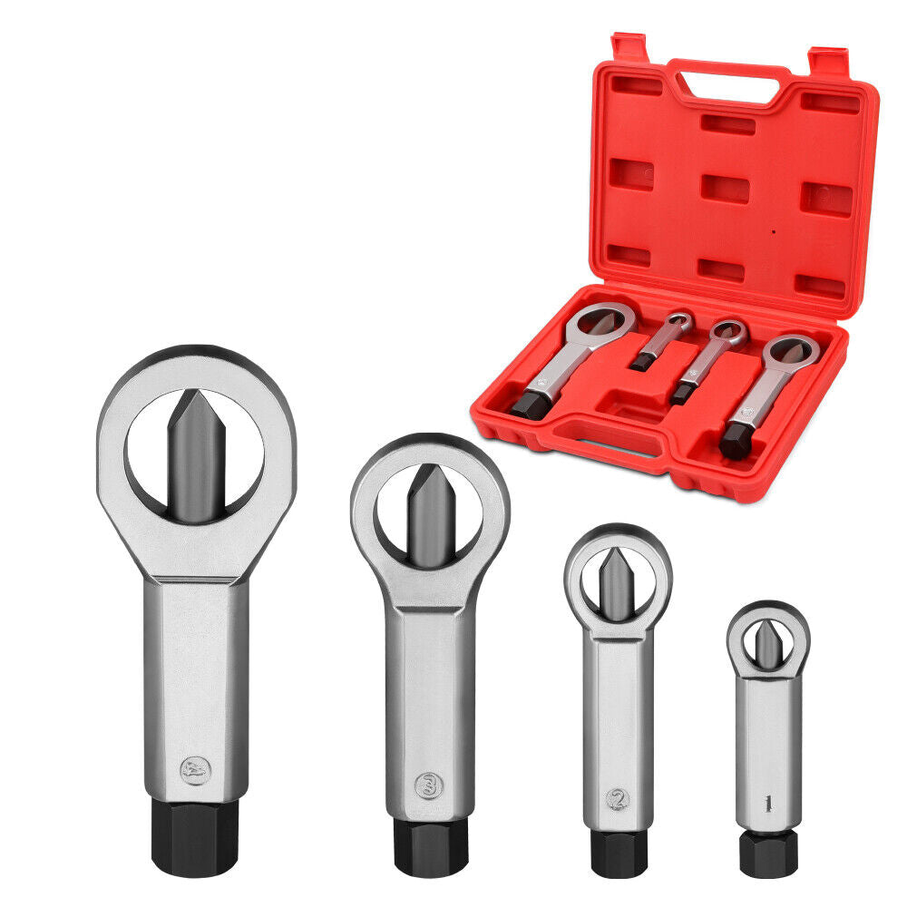 Set of five mechanical tools with a red carrying case on a white background