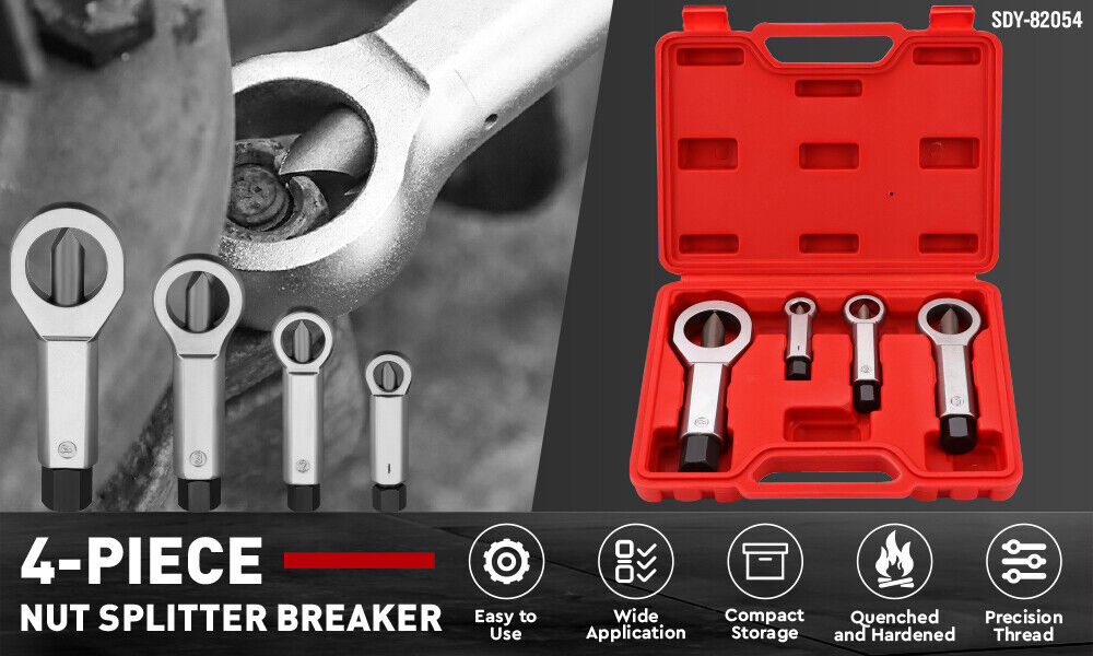 4-piece nut splitter breaker set with red case on a dark background