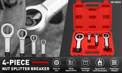 4-piece nut splitter breaker set with red case on a dark background