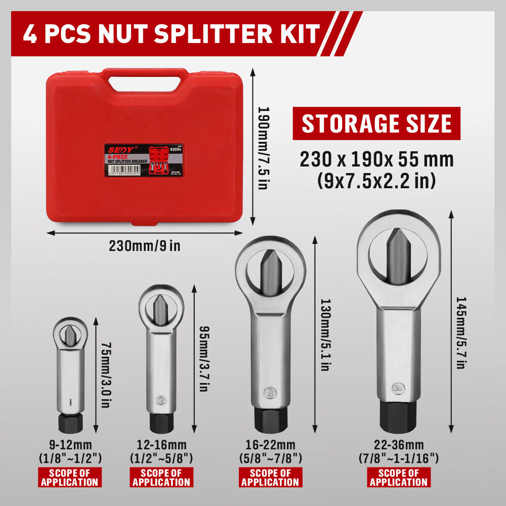 4-piece nut splitter kit with red carrying case and dimensions displayed.