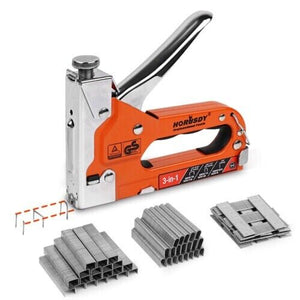 An image showing a HORUSDY 3-in-1 staple gun in orange and silver color, with a lockable safety loop and an ergonomic grip. Also includes trays of staples in different sizes.