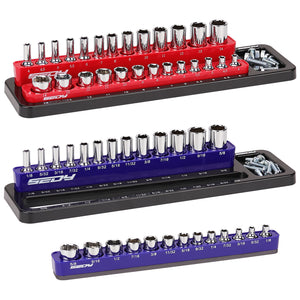 Set of socket wrenches in red, blue, and black holders on a white background