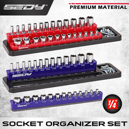 Socket organizer set with red and blue holders on a gray background, featuring the brand 'SEDY'.