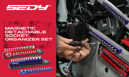 SEDY magnetic detachable socket organizer set with tools on a red background