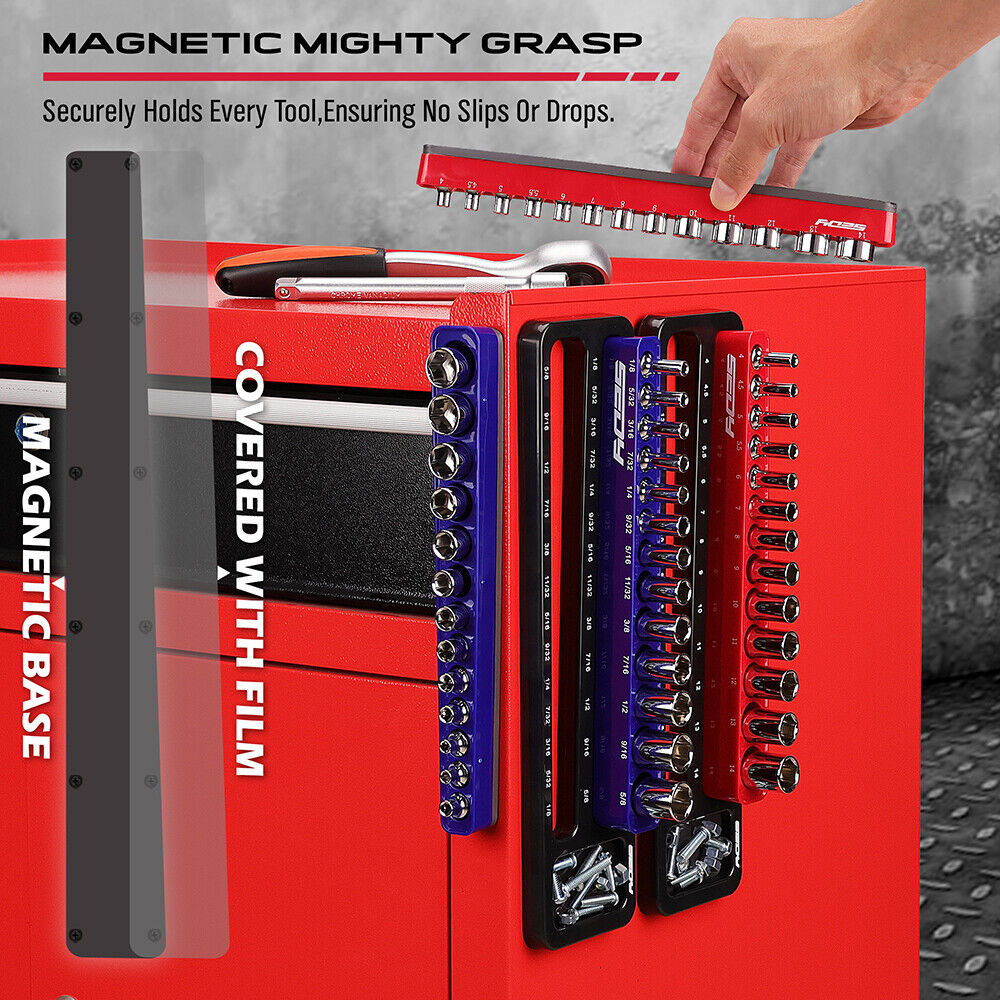 Red magnetic tool holder with tools on a gray background