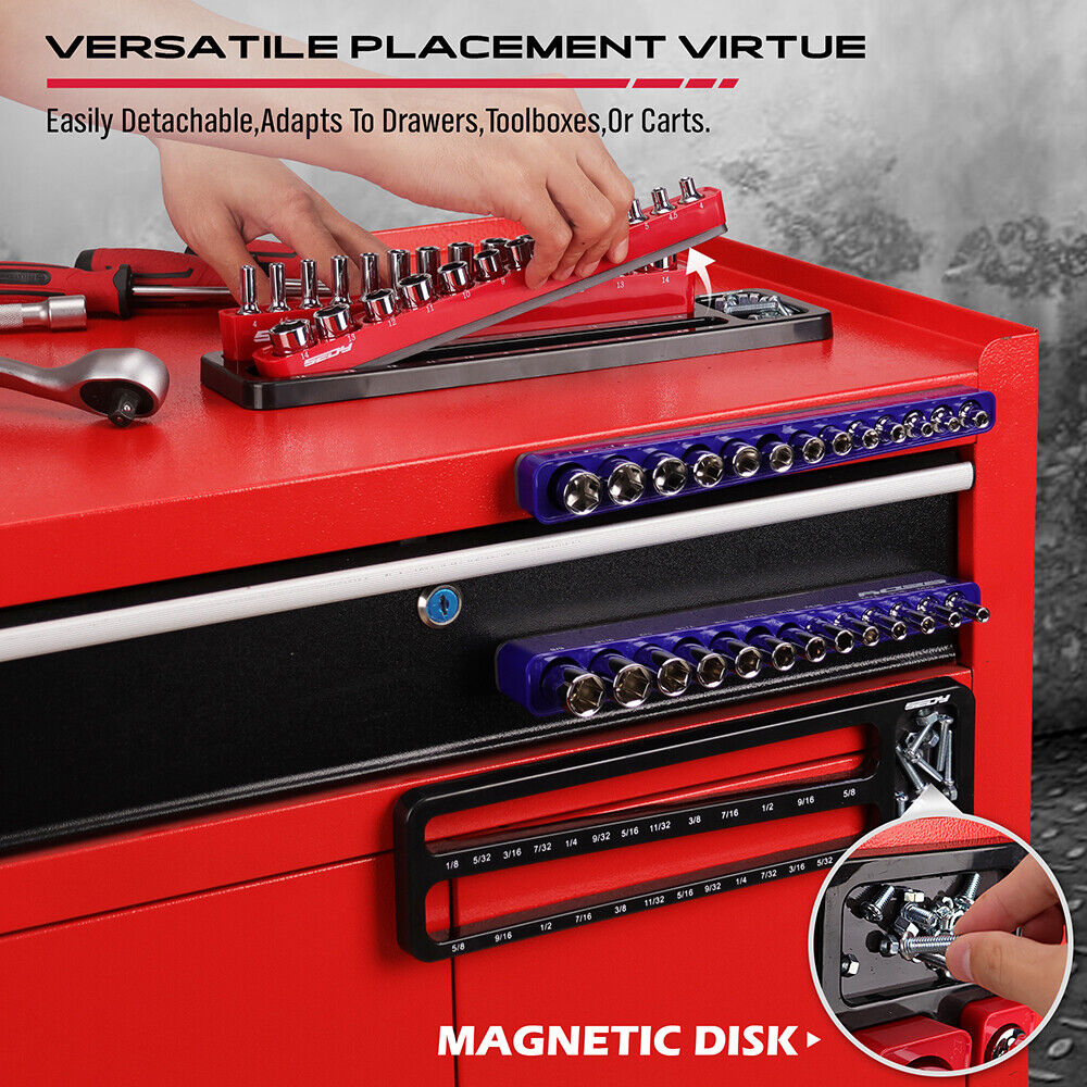 Red toolbox with magnetic disk attachment and tools on a gray background