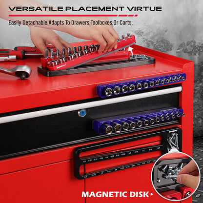 Red toolbox with magnetic disk attachment and tools on a gray background