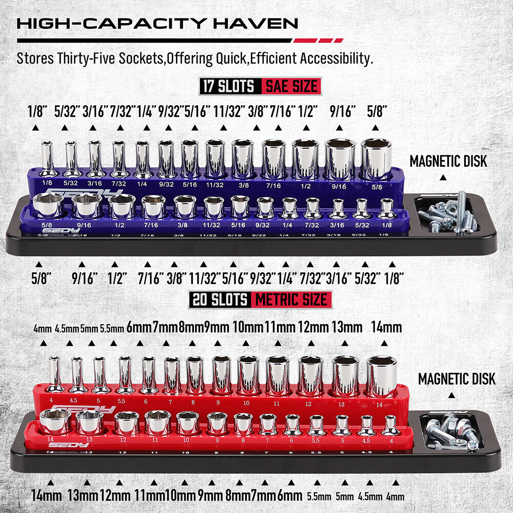 Socket organizer with SAE and metric sockets on a gray background