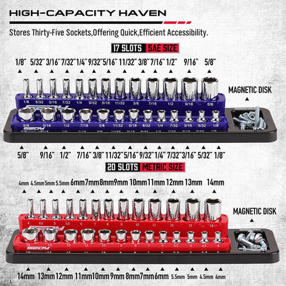 Socket organizer with SAE and metric sockets on a gray background