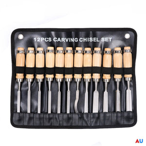 12Pc Wood Carving Chisel Set Knife High Carbon Steel Woodworking Rolling Pouch