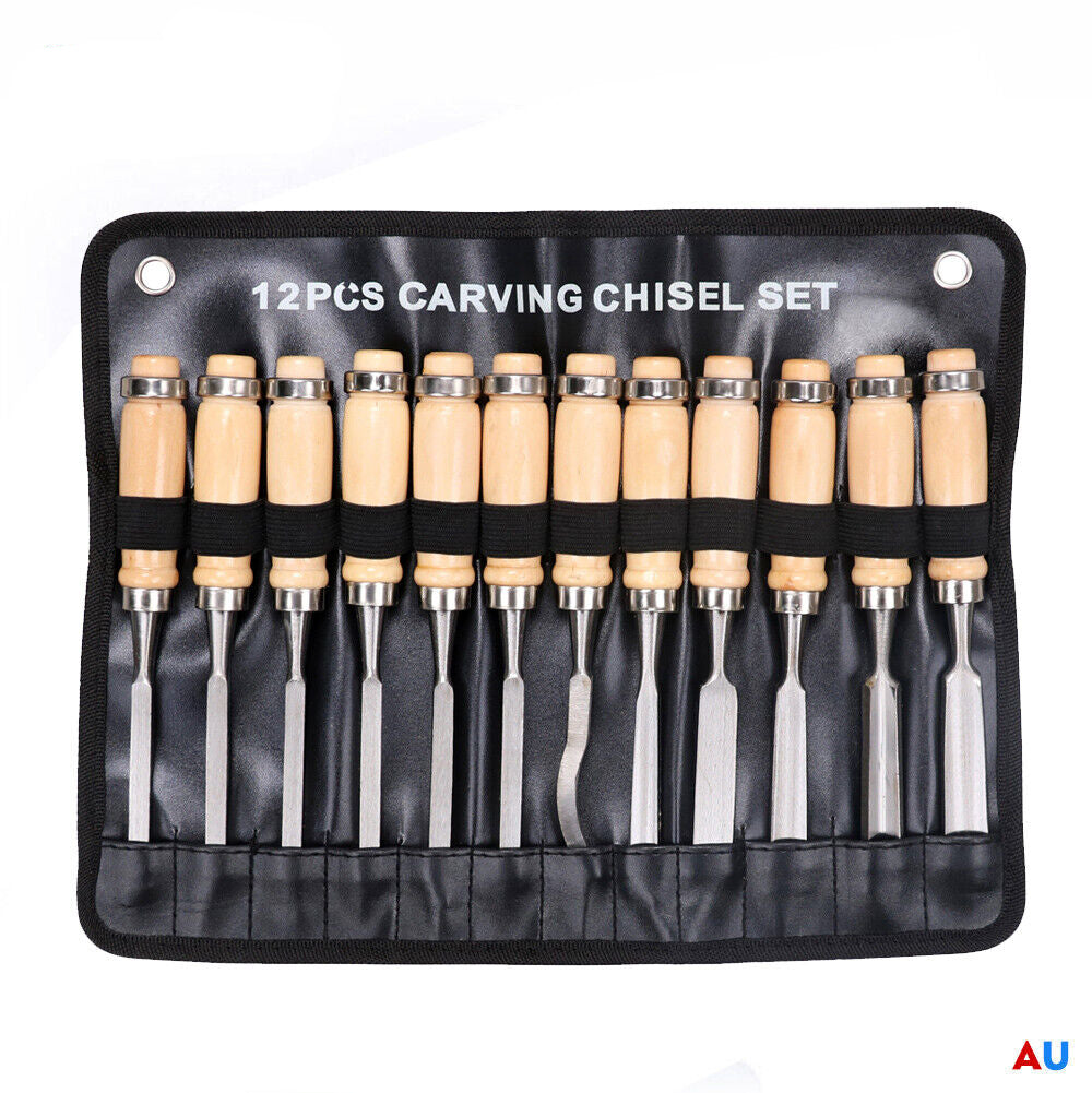 12Pc Wood Carving Chisel Set Knife High Carbon Steel Woodworking Rolling Pouch