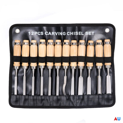 12Pc Wood Carving Chisel Set Knife High Carbon Steel Woodworking Rolling Pouch