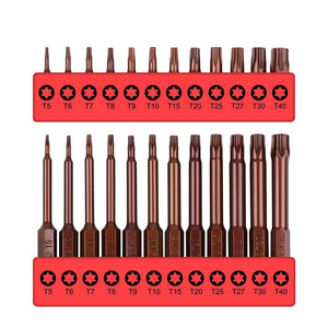 A set of Torx screwdriver bits displayed in a red holder, organized by size with a Torx star pattern on each bit.