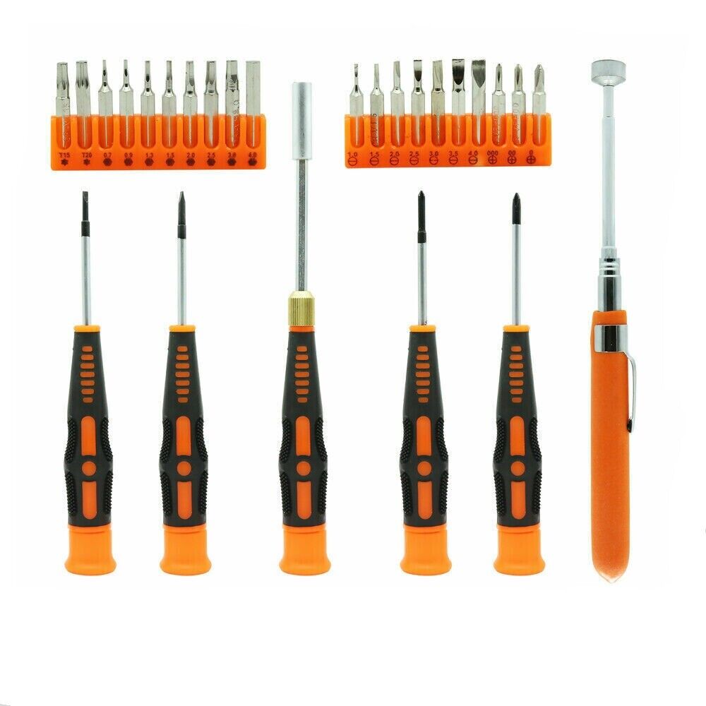 A set of precision screwdrivers with various bits including Phillips, Torx, and flat bits, with orange and black handles and silver metal parts.