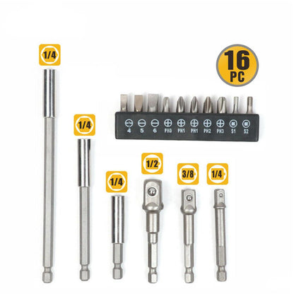 A set of 16 silver-colored socket bit adaptors and bits for power drills, with various sizes displayed on a white background.