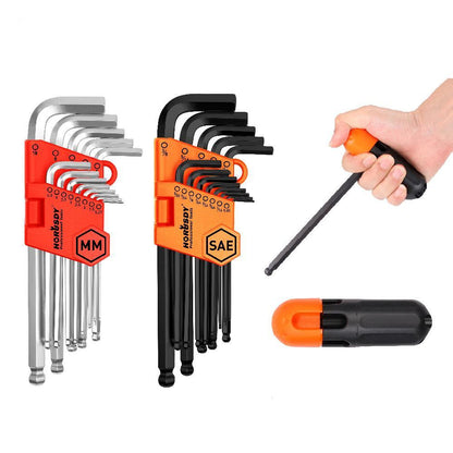 A set of Allen wrenches in various sizes, with black handles and silver-colored hexagonal ends, displayed in an organized fashion with orange and white color coding for different sizes, alongside a hand holding one of the wrenches.