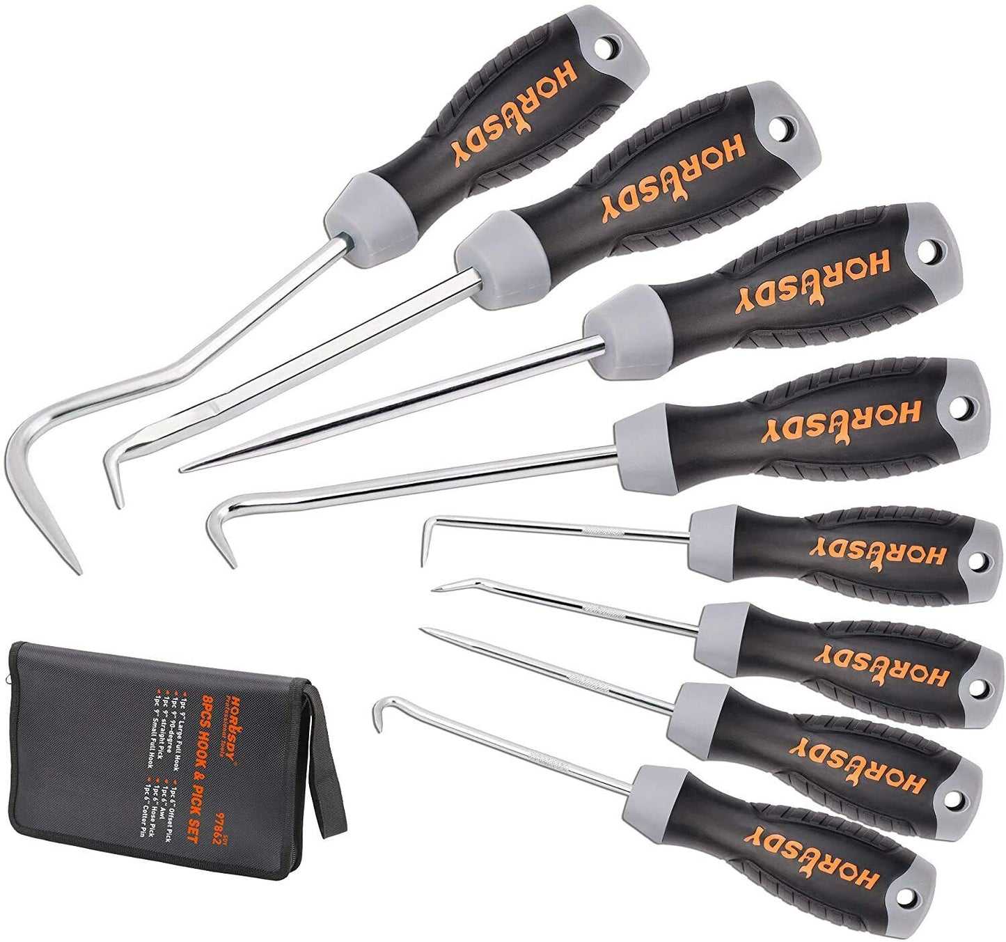 A set of eight pick and hook tools with black handles and silver shafts, displayed alongside a black carrying case.