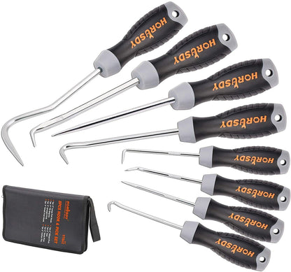 A set of eight pick and hook tools with black handles and silver shafts, displayed alongside a black carrying case.