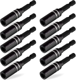 A set of 10 black magnetic extension socket drill bit holders with 1/4 inch hex shanks, arranged side by side.