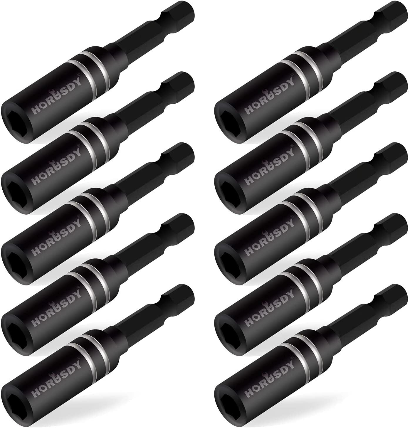 A set of 10 black magnetic extension socket drill bit holders with 1/4 inch hex shanks, arranged side by side.