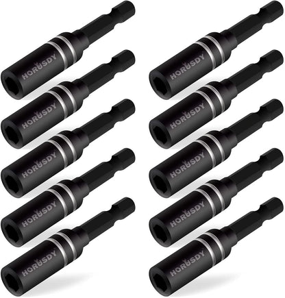 A set of 10 black magnetic extension socket drill bit holders with 1/4 inch hex shanks, arranged side by side.