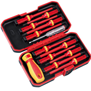 A set of red and yellow insulated electrician screwdrivers with a yellow handle, displayed in an open black case with a gray interior.