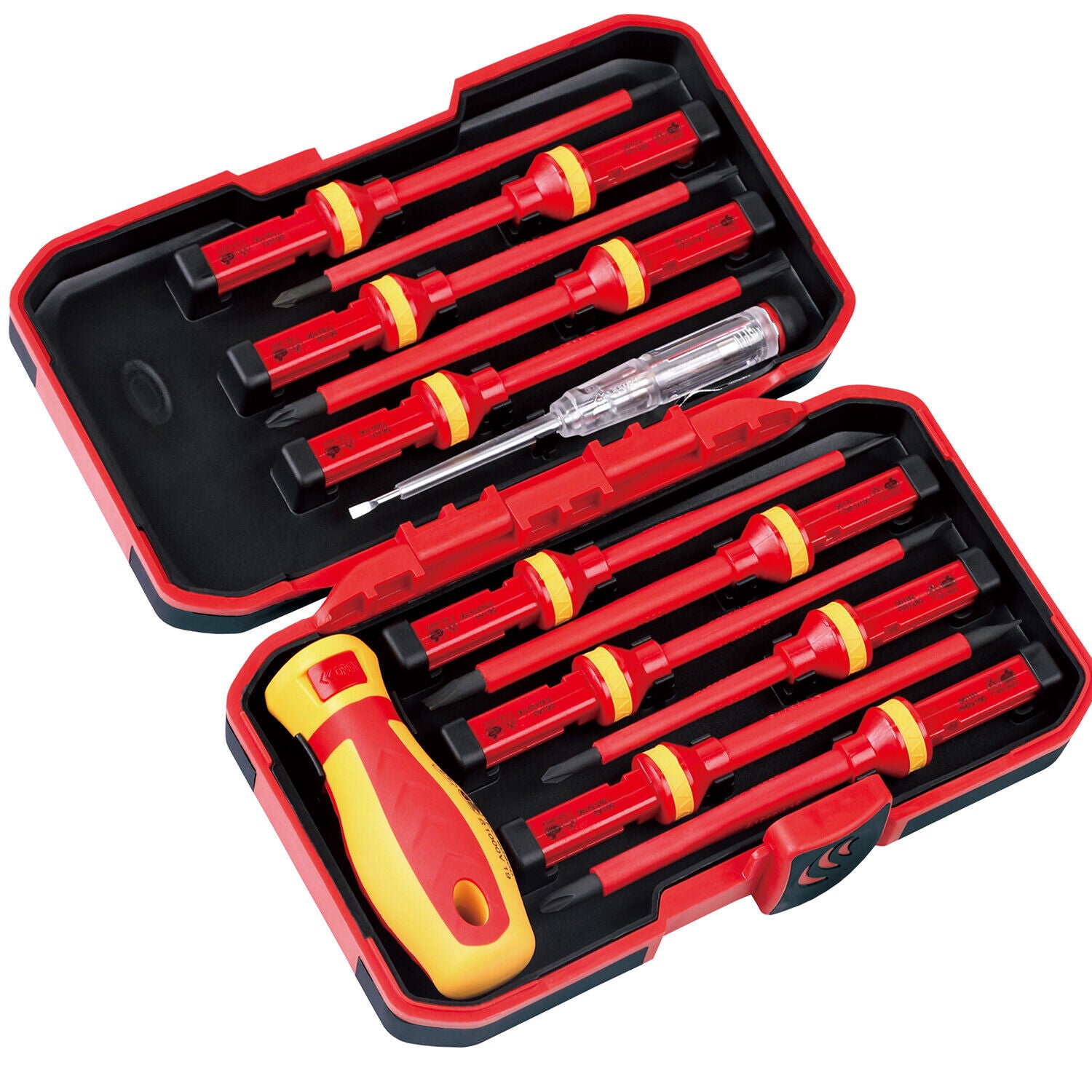 A set of red and yellow insulated electrician screwdrivers with a yellow handle, displayed in an open black case with a gray interior.
