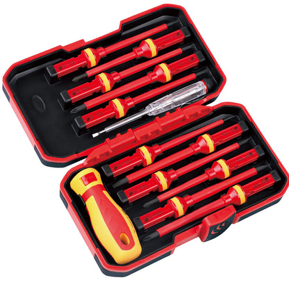 A set of red and yellow insulated electrician screwdrivers with a yellow handle, displayed in an open black case with a gray interior.
