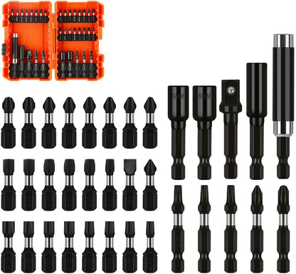 A set of black impact screwdriver bits with various sizes, accompanied by two nut drivers and magnetic bit holders, neatly arranged in an orange storage case.