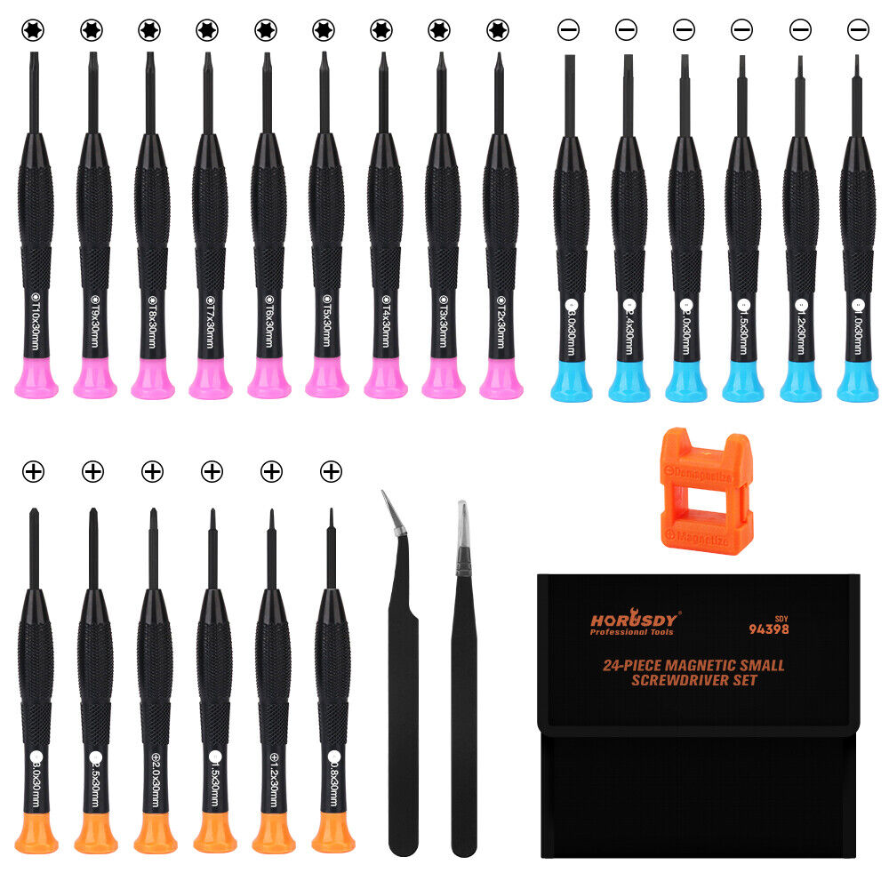 An array of precision screwdrivers with black handles and multi-colored tips, displayed neatly against a white background, accompanied by a small orange magnetizer and tweezers, all packaged in a black box with a magnetic screwdriver set inscription.