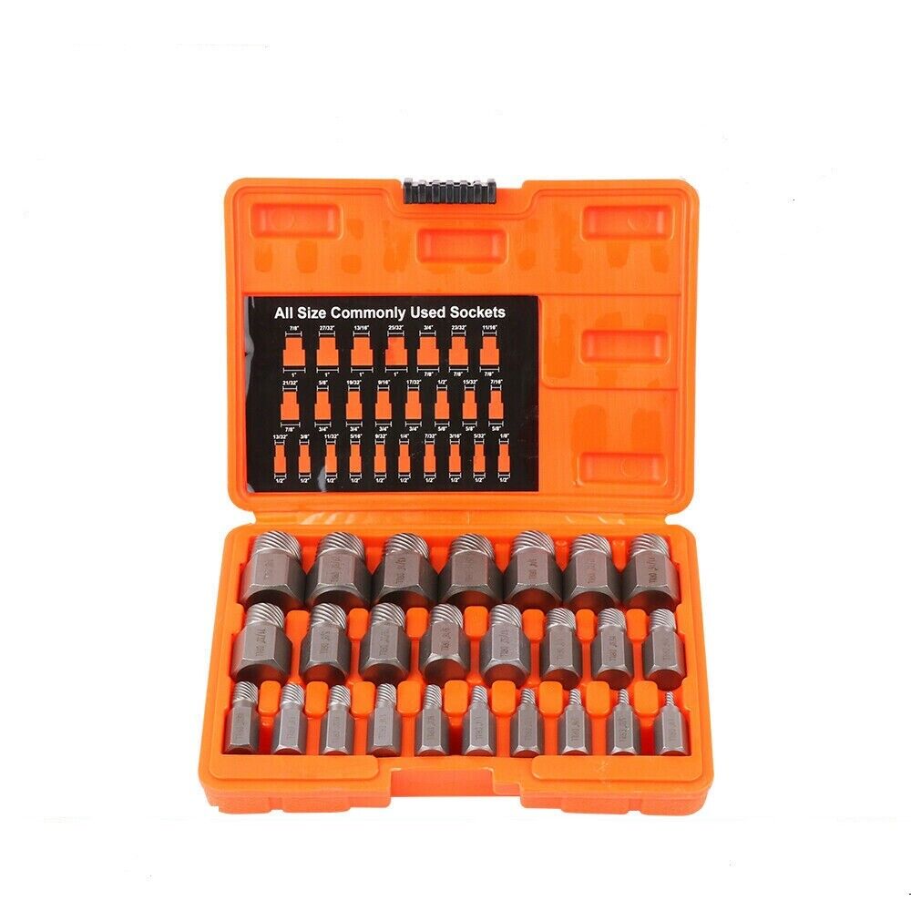 An open orange carrying case displaying a set of silver-colored screw extractors arranged neatly inside.
