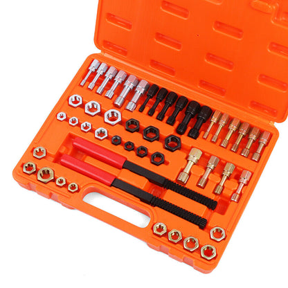 A collection of thread restorer tools including dies and taps, organized in compartments within an orange blow mold case.