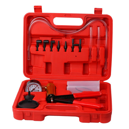 Handheld vacuum pump brake bleeder pressure tester vacuum gauge kit with various adapters and hoses, displayed in an open red case.