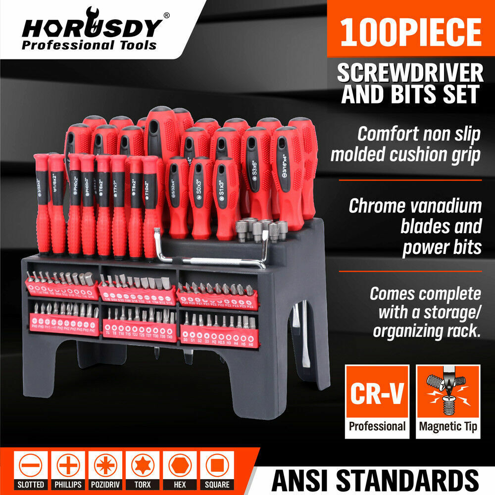 A 100-piece screwdriver set with red handles and silver-colored bits, displayed in an organized fashion with a ratchet handle and bit rack.