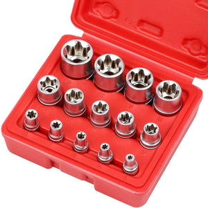 A set of E Torx star bit sockets in various sizes, displayed neatly in a red storage case with a clear lid.