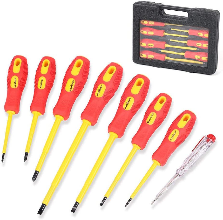 An 8-piece insulated screwdriver set with red and yellow handles, magnetic slotted and Phillips tips, displayed alongside a black heavy duty case.