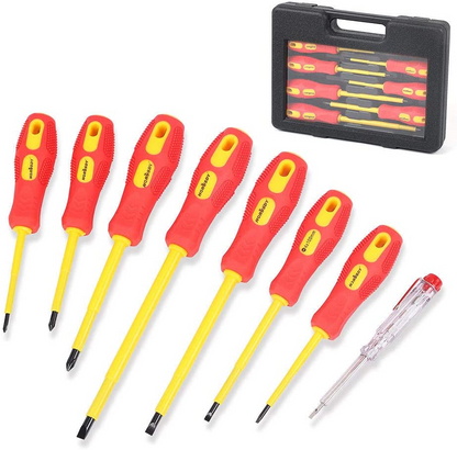 An 8-piece insulated screwdriver set with red and yellow handles, magnetic slotted and Phillips tips, displayed alongside a black heavy duty case.