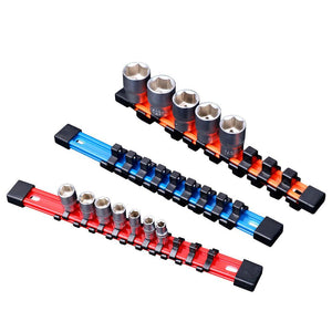 Three color-coded tool organizer rails with double-sided socket holders in red, blue, and orange.