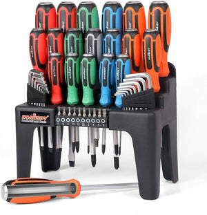 A set of colorful screwdrivers with ergonomic grips and a rack for organizing the tools. The screwdrivers have a variety of sizes and colors, and are displayed in an upright position.