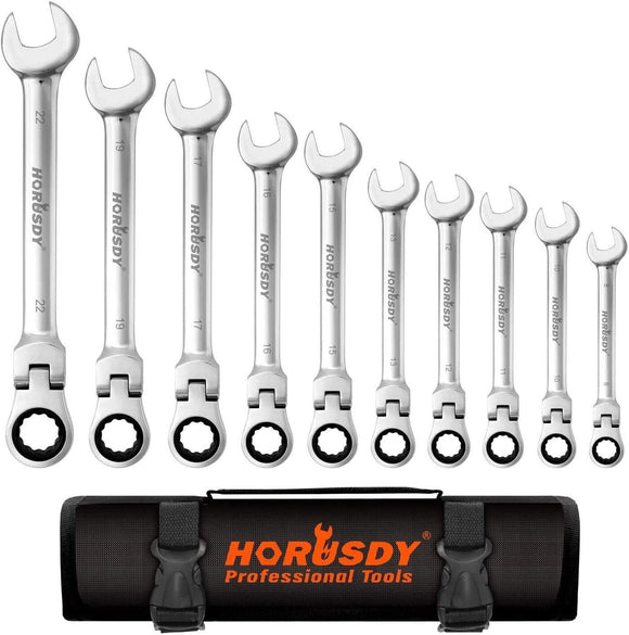 10Pc Flexible Head Ratchet Spanner Set Metric Wrench CRV With Carry Pouch 8-22MM