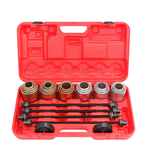 A set of metal press and pull sleeves tools in various sizes, displayed neatly in a red carrying case.